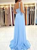 Blue V Neck See Through Appliques Chiffon Prom Dress With Slit
