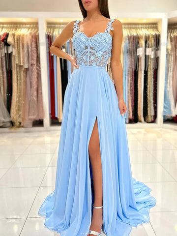 Blue V Neck See Through Appliques Chiffon Prom Dress With Slit