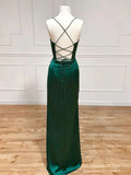 Green Satin Long Mermaid Slit Prom Dress