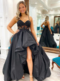 Satin Sweetheart Appliques High Low Black Long Prom Dress