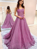 Sweetheart Backless Purple Sparkle Tulle Long Prom Dress