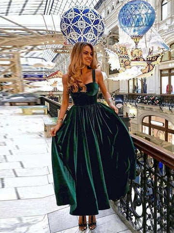 Dark Green Straps Velvet Ankle Length Prom Dress