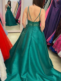Satin Sheer Green V Neck Backless  Long Prom Dress