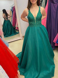 Satin Sheer Green V Neck Backless  Long Prom Dress
