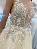 Champagne Tulle V Neck 3D Floral Long Prom Dress
