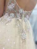 Champagne Tulle V Neck 3D Floral Long Prom Dress