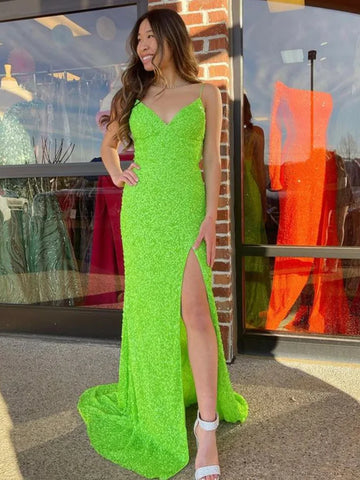 Green Spaghetti Straps Sequin Slit Mermaid Prom Dress
