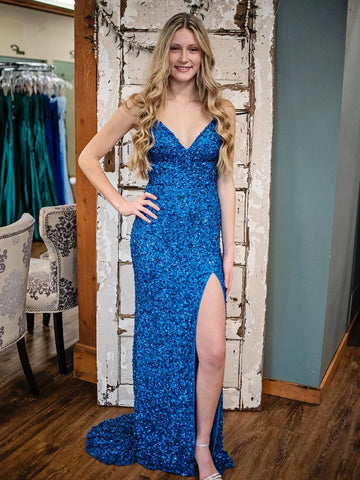 Open Back Mermaid Blue Sequins Long Prom Dress with High Slit