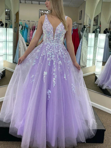 V Neck Backless Purple Tulle Appliques Long Prom Dress