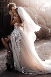 Sweetheart Front Split Tulle Appliques Champagne Wedding Dress