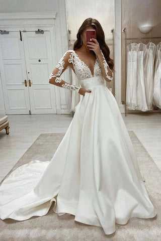 Long Sleeves V-neck Lace Satin A-line Wedding Dress