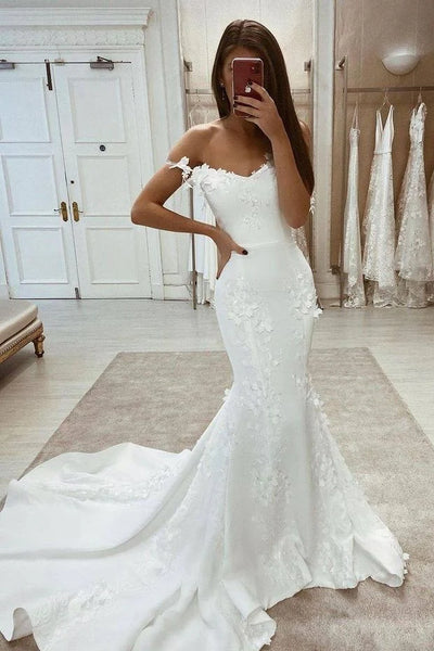 2023 Light Champagne Lace Chapel Train Off the Shoulder Wedding Dress –  Sassymyprom