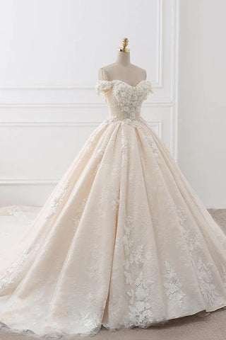 Off The Shouder Ball Gown Champagne Floral Wedding Dress