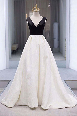 Black & White Satin V Neck Long Prom Dress