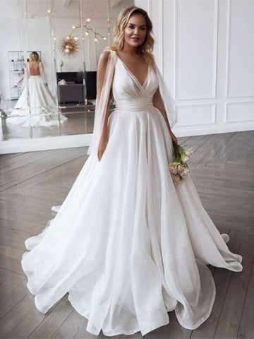 V Neck Tulle Backless A Line Sexy Sweep Train Wedding Dress
