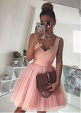 Tulle V-neck Lace Appliques Short Ball Gown Homecoming Dress