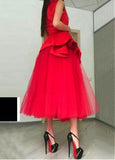Red Tulle Jewel Neckline Tea-length A-line Prom Dress