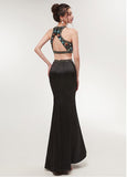 Black Satin Halter Neckline Two-piece Mermaid Prom Dress 