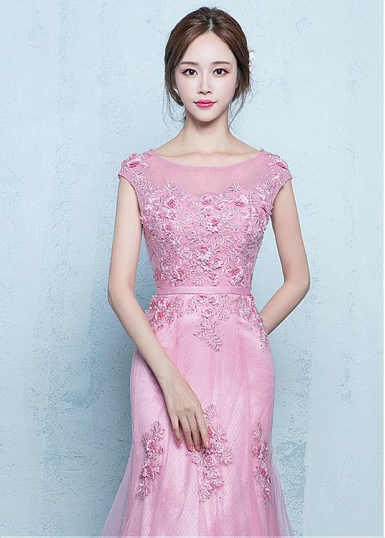 Lace Applique Light Pink Mermaid Prom Dress with Straps