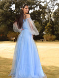 Off The Shoulder Tulle Puffy Sleeves Appliques Prom Dress