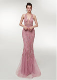 Tulle Halter Pink Long Beading Mermaid Prom Dress