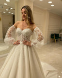 Tulle Sweetheart Puffy Sleeves Beading A Line Wedding Dress