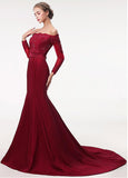 Satin Off-the-shoulder Beading Red Mermaid Evening Dress With Belt 