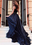 Organza V-neck Blue Long A-line Evening Prom Dress