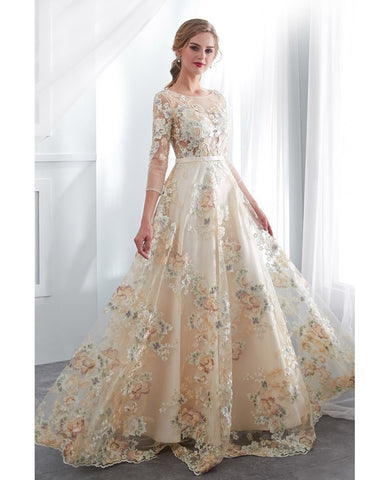 Long Sleeves Champagne Floral Lace Prom Dress