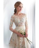 Long Sleeves Champagne Floral Lace Prom Dress