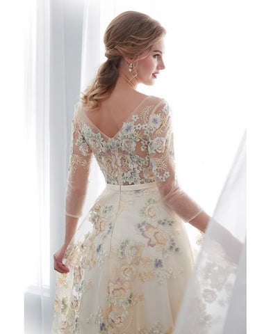 Long Sleeves Champagne Floral Lace Prom Dress US14 Long Sleeves Champagne Floral Lace Prom Dress US14