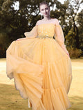 Yellow Long Sleeve Beading Tulle Prom Dress