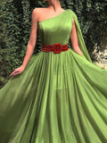 Green One Shoulder Pleats  Formal Prom Dress