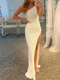 One Shoulder White Trumpet Mermaid Sequin Wedding Dress