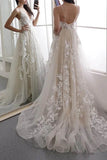 V Neck Lace Applique Boho Spaghetti Straps Wedding Dress