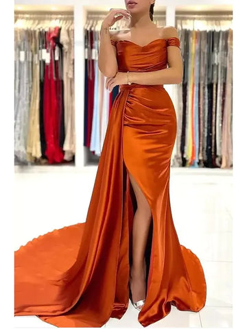 Brown Off The Shoulder Pleats Prom Dress