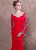  Satin V-neck Red Long Sleeve Mermaid Evening Dress