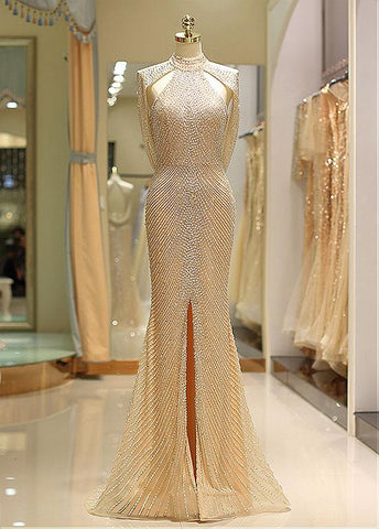 Tulle High Collar Backless Gold Mermaid Prom Dress