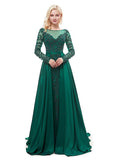 Satin Bateau Long Sleeve Green A-line Formal Dress