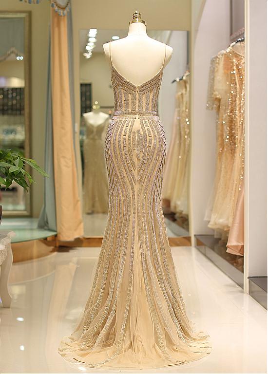 Tulle Spaghetti Straps Gold Long Mermaid Prom Evening Dress – Sassymyprom