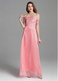 Embroidery Tulle Off-the-shoulder Pink A-line Prom Dress