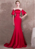 Beadings Acetate Satin Jewel Red Mermaid Evening Dress