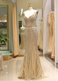 Tulle Spaghetti Straps Gold Long Mermaid Prom Evening Dress