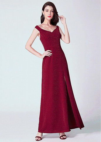 Polyester Off-the-shoulder Burgundy Evening Dress With Slit