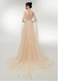 Scoop Tulle Champagne Long A-line Prom Dress