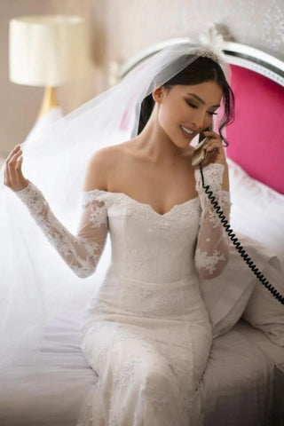 White Long Sleeve Lace Off The Shoulder Wedding Dress