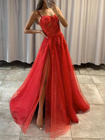 Red Spaghetti Strap Floral A Line Prom Dress With Slit