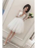 Sheer Neckline Lace Tulle Short Long Sleeves Wedding Reception Dress