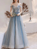 Puffy Blue Tulle Beading Formal Prom Dress