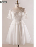 Short Sleeve Appliques White Plus Size Unique Lace Wedding Dress